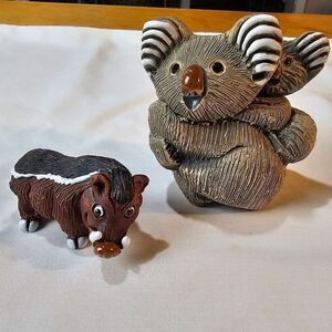 Vintage Hand Carved Koala and Warthog Clay Peruvian Figurines